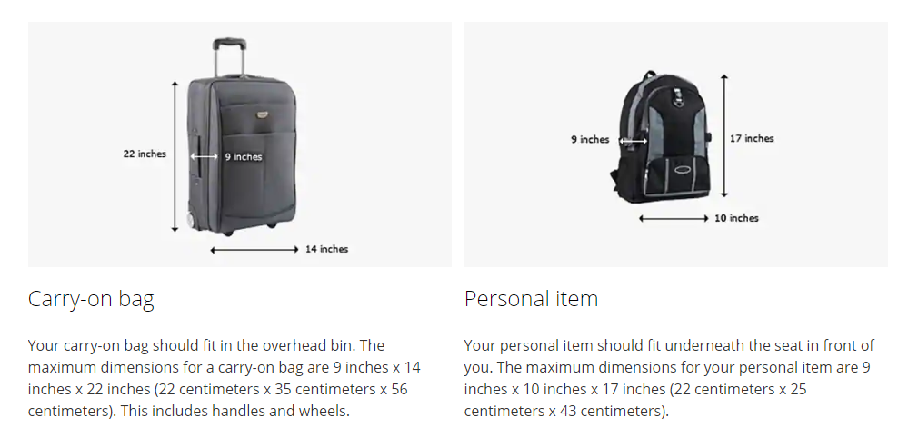 What is United Airlines' personal item size limit?