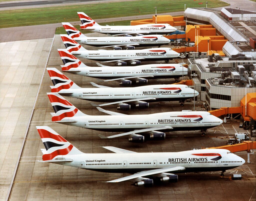 British Airways Boeing 747's at London Heathrow airport showing the new Chatham Dockyard tailfin design